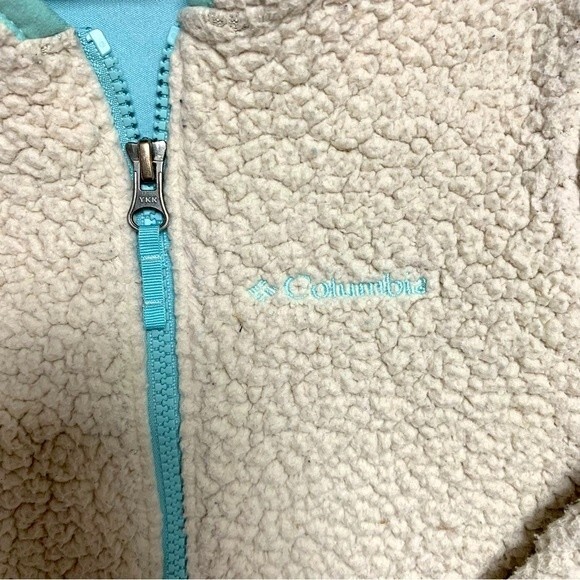 Columbia Sherpa Girl’s 4-5 Off White Light Blue Full Zip Fleece Jacket Spring - Picture 2 of 5